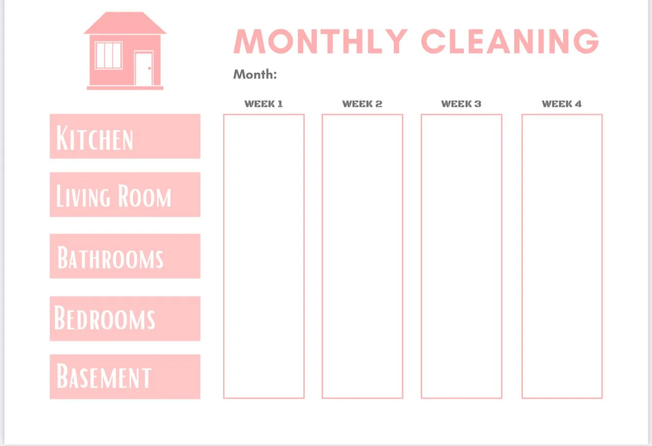 A monthly cleaning schedule chart with a pink house icon at the top, pink tabs on the left listing cleaning areas such as kitchen, living room, bathrooms, bedrooms, and basement, and columns for four weeks with spaces for notes.