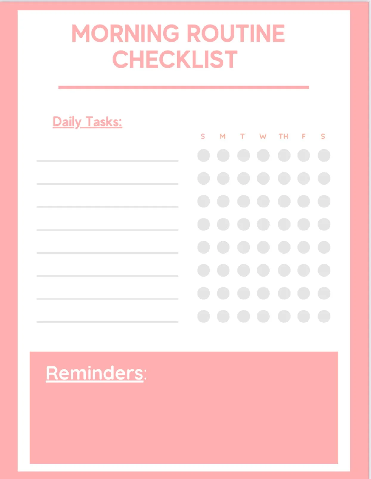 A printable morning routine checklist with a pink border and pink headings. It features a section for daily tasks with lines, a calendar with dots for each day of the week, and a large pink box at the bottom for reminders.