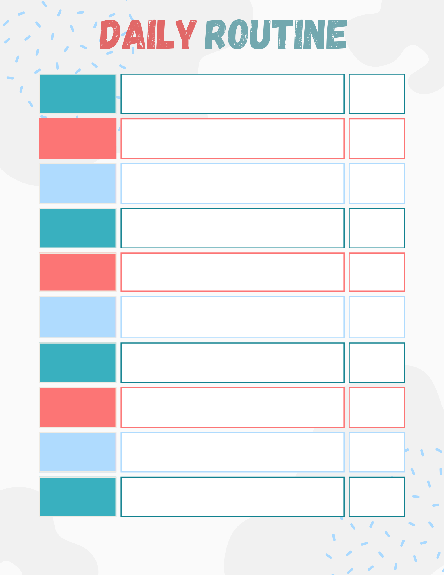 A daily routine planner with colorful headers for each activity, including blank spaces for morning, afternoon, and evening tasks.