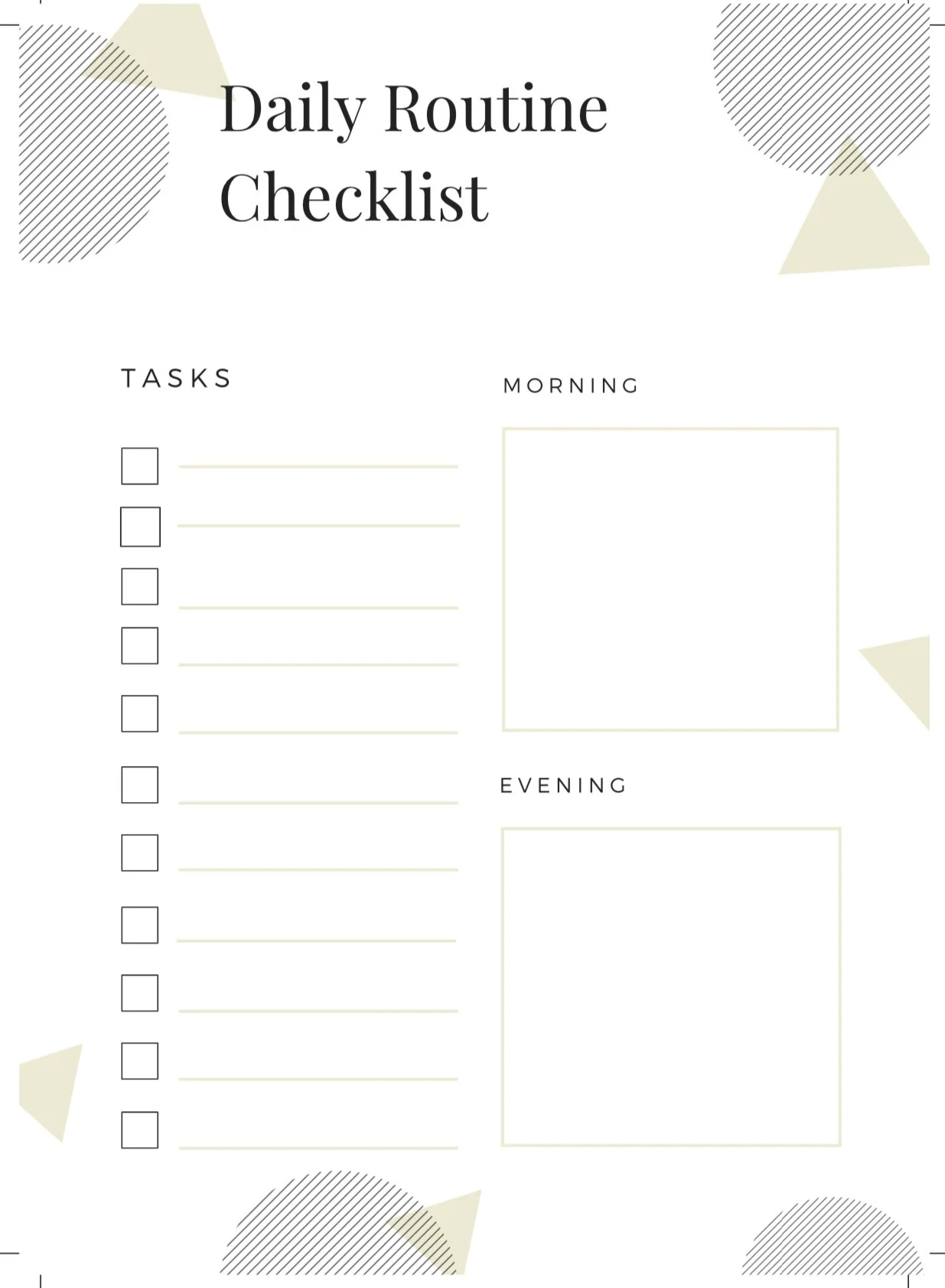 A printable daily routine checklist with sections for tasks, morning, and evening, featuring a minimalist design with geometric shapes.
