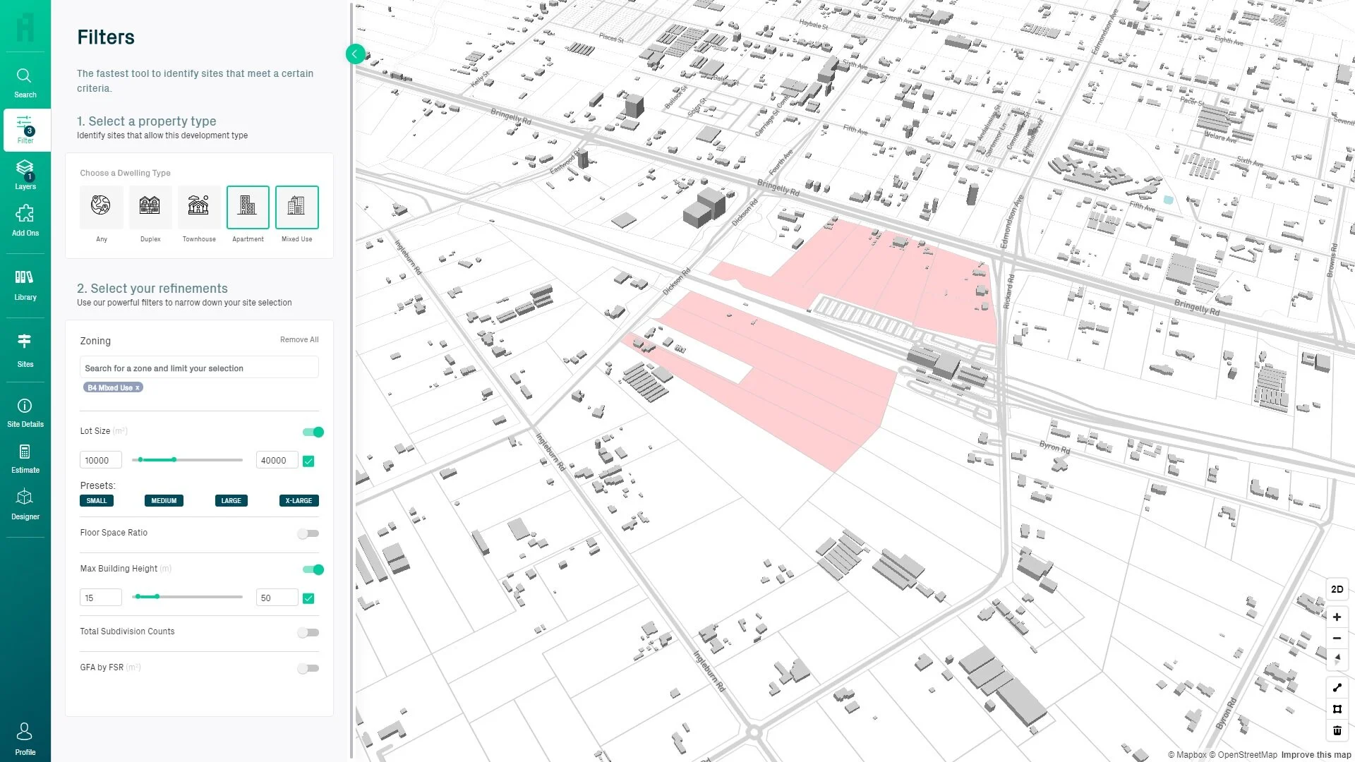 Screenshot of filter layes to find properties that meet specific criteria