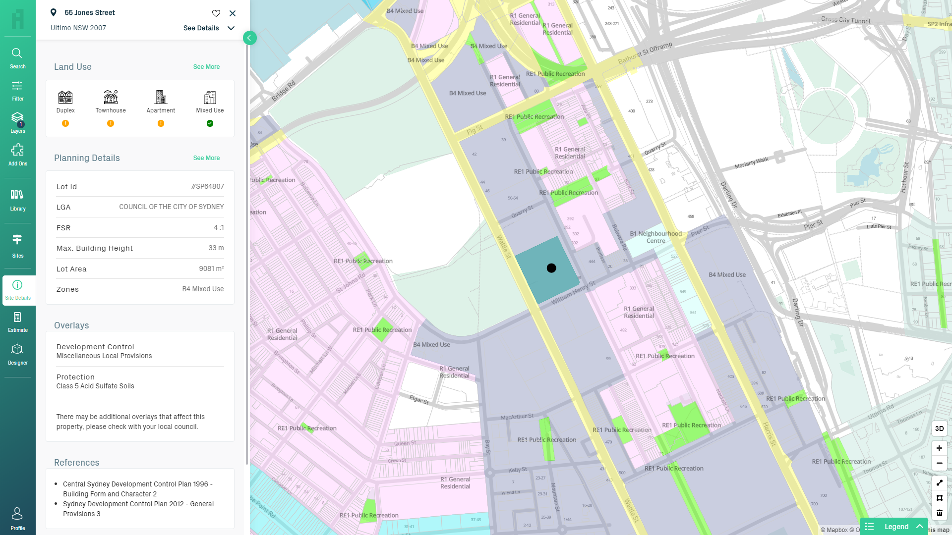 Screenshot that shows how Archistar depicts different zoning details in specific areas