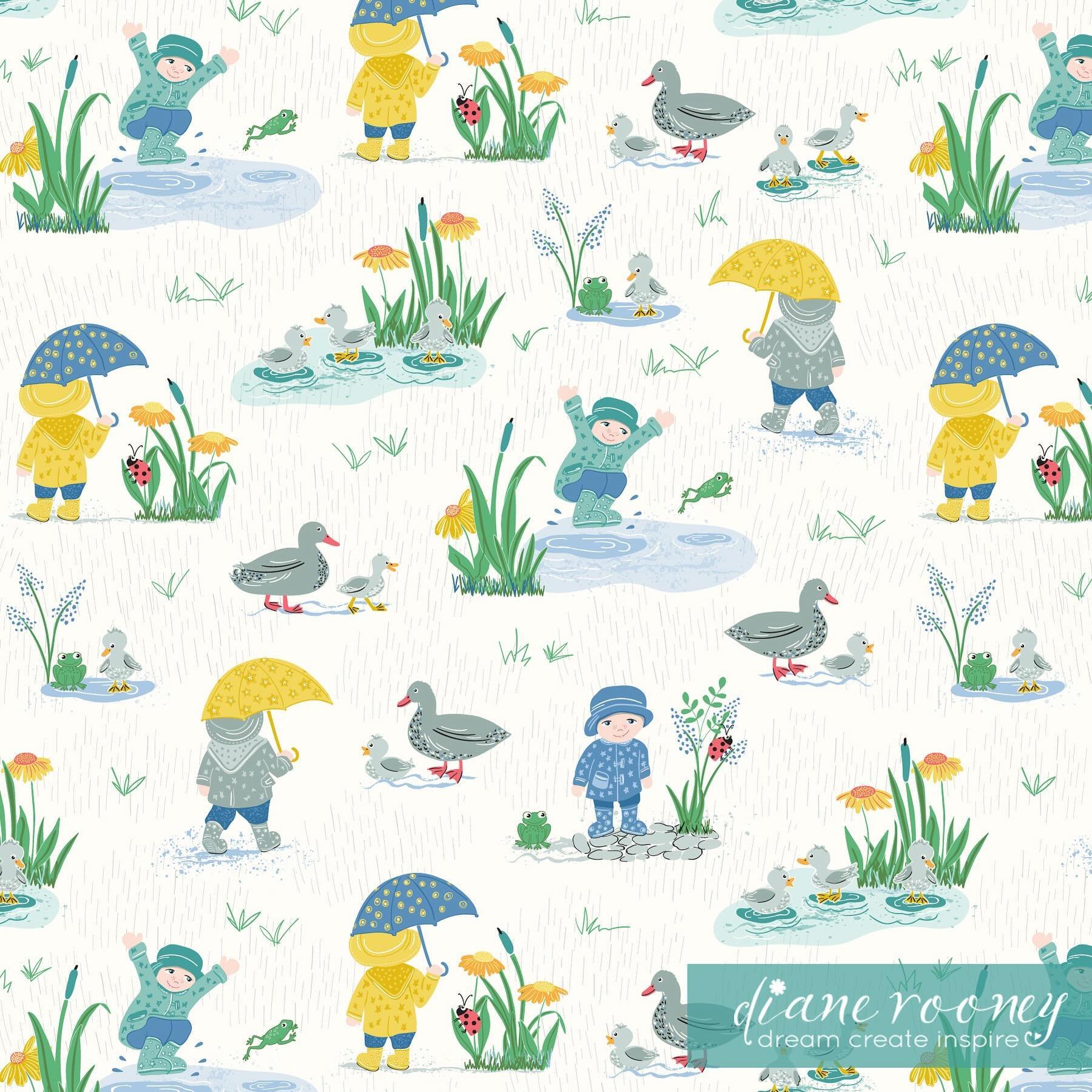 Perfect weather today to share one of my favourite designs, Puddles and Boots. It&rsquo;s about 5yrs old now and was my second fabric collection. Inspired by my 2yr old grandson (at the time) jumping and splashing in puddles. Inspired really by all c