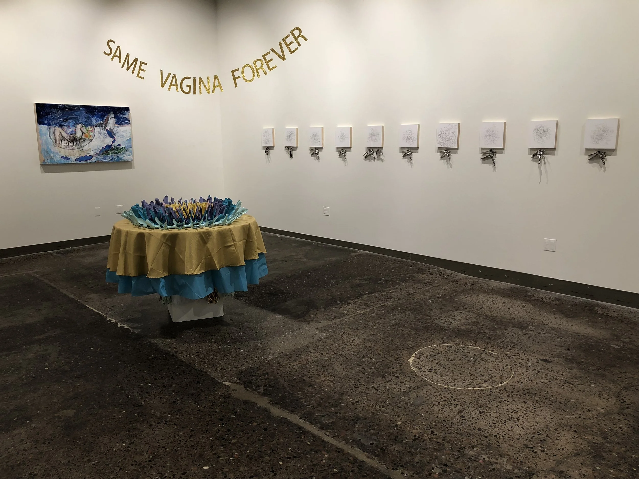   SAME VAGINA FOREVER,  speculums and mixed media, 2018  Commissioned by Creative Push 