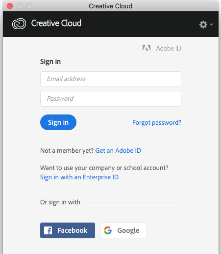 Sign in window to creative cloud application