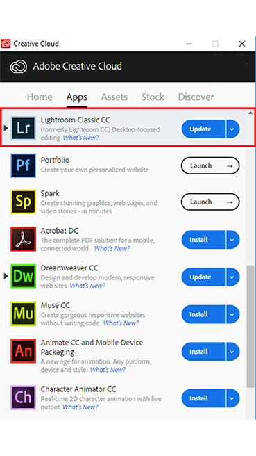 Creative cloud application window with update buttons