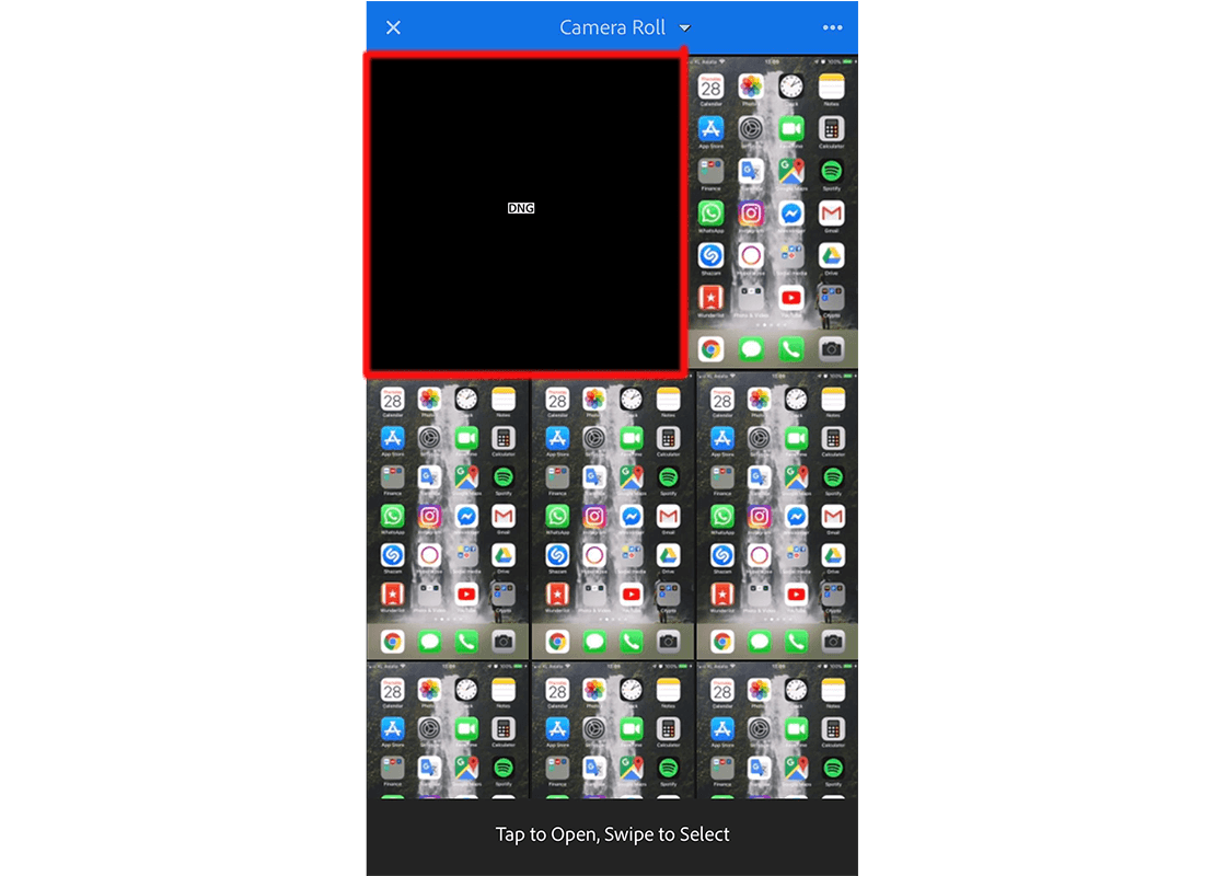 Choose your saved .dng image and open it in Lightroom
