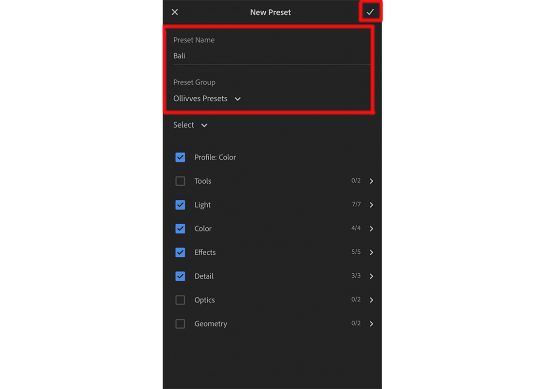 Give the preset a name and add it to a group and press the button on the top right to finish the process