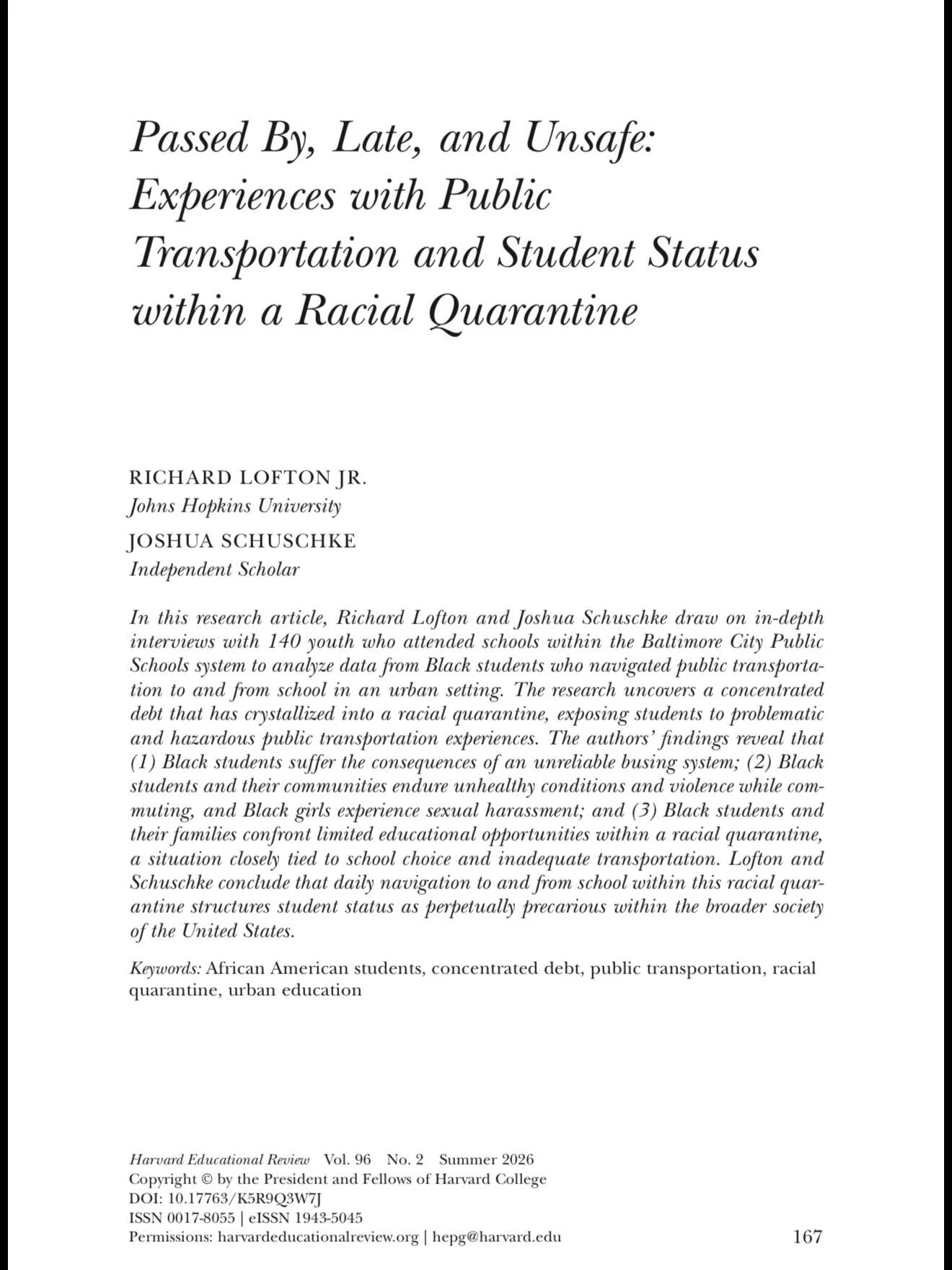 #NewPub Alert 🚨: Excited to share the latest co-authored work with the brilliant @richlovesjoy_justice. We examined Black students&rsquo; experiences using public transportation to attend schools in Baltimore within a racial quarantine structured by