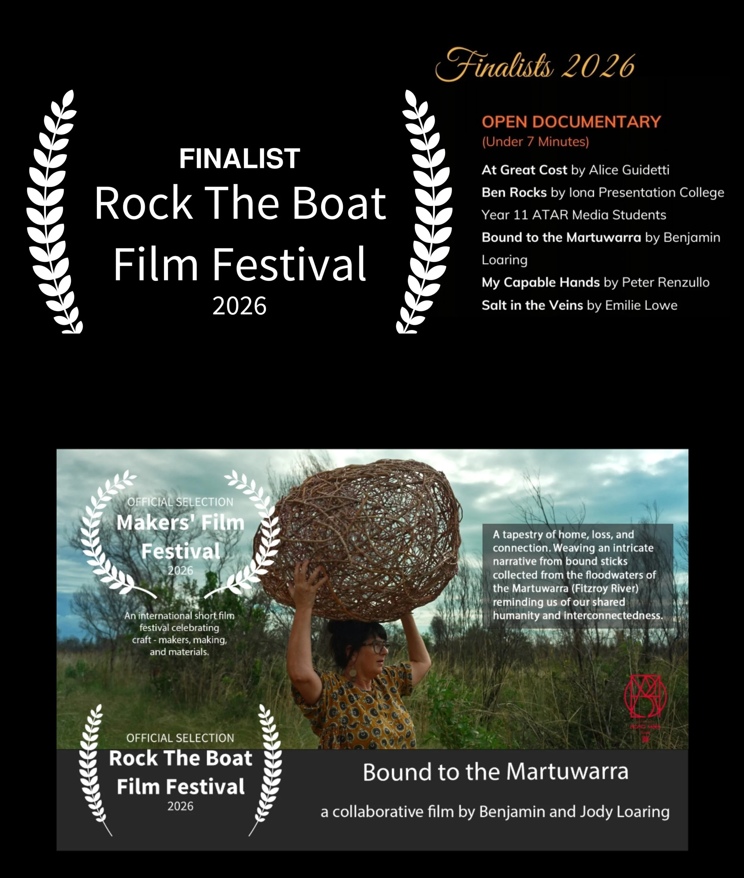 Rock the Boat Film Festival Short Film Finalist announcement for Jody and Ben Loaring Short Documentary Bound to the Martuwarra