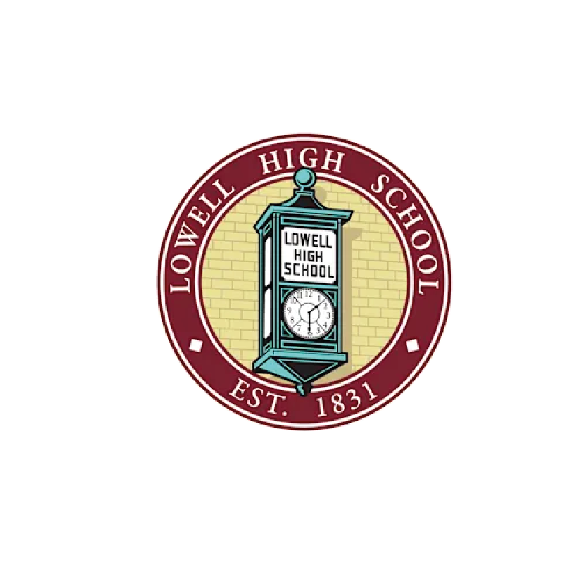 Logo of Lowell High School featuring a clock tower within a circular border, with the name and establishment year, 1831.