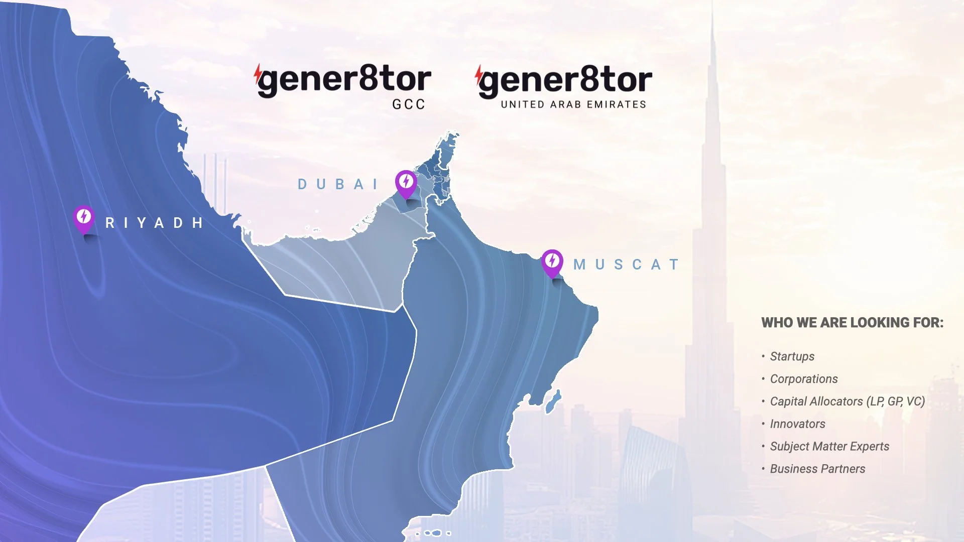 Map of the United Arab Emirates highlighting Dubai, Abu Dhabi, Muscat, and Riyadh with labels and icons. Company logo 'generator' is at the top, and a list of target audiences including startups, corporations, capital allocators, innovators, subject matter experts, and business partners is on the right.