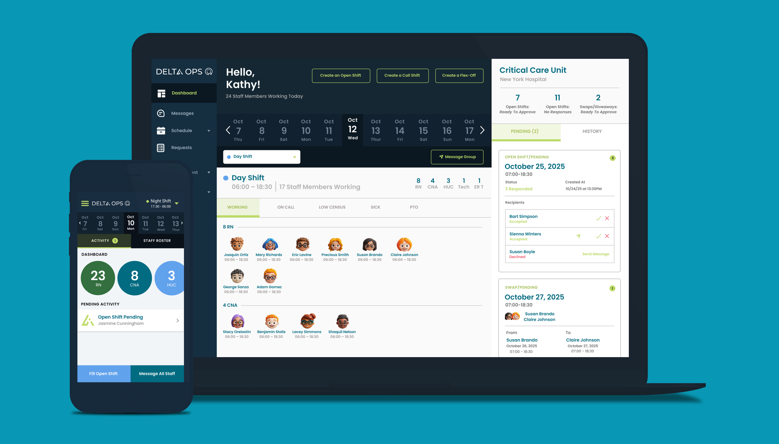 Screenshots of healthcare workforce scheduling software on tablet and smartphone screens, showing shift schedules, staff profiles, and activity summaries.
