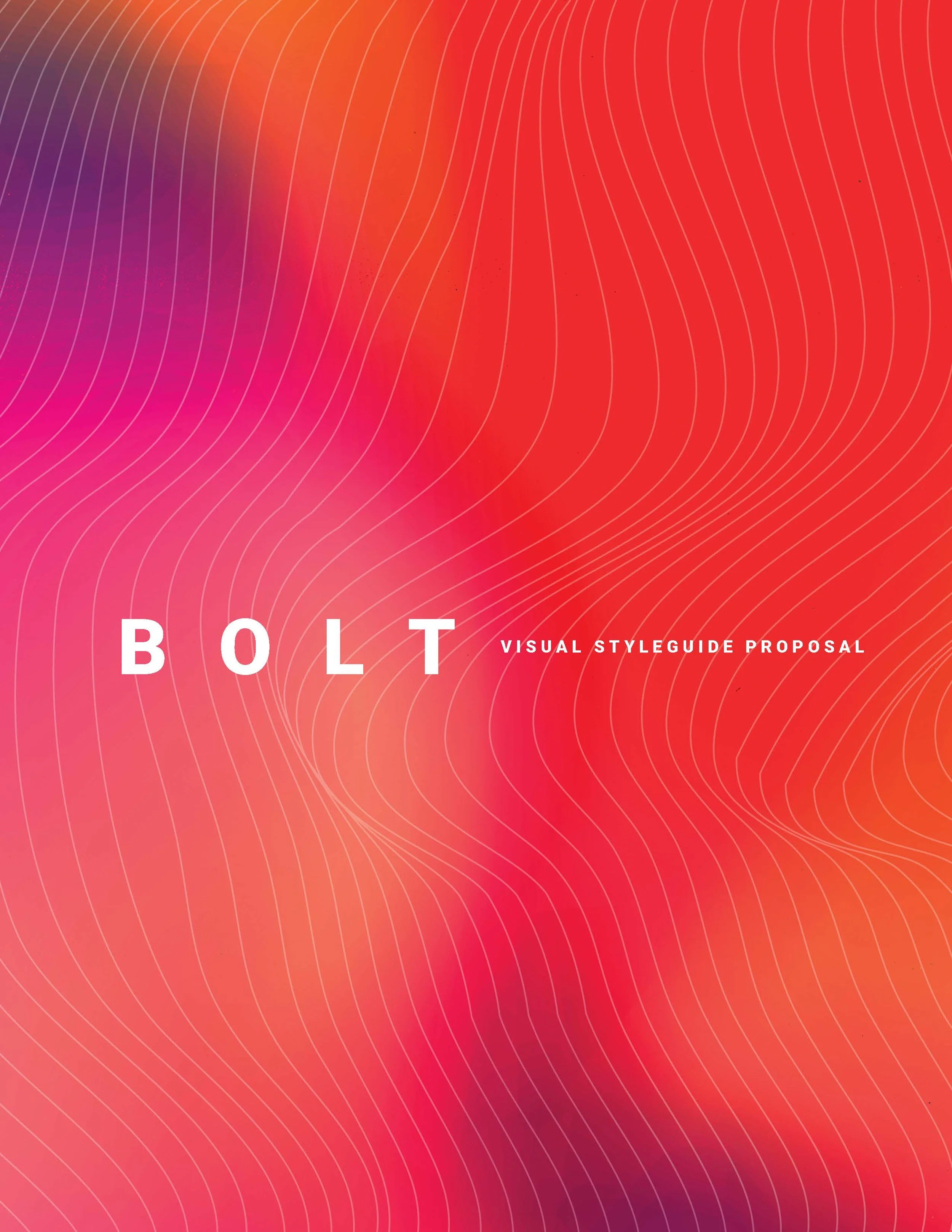 A colorful background with red, pink, purple, and orange gradients, overlaid with white contour lines and the partially visible text 'BOLT' and smaller text 'VISUAL STYLEGUIDE PROPOSAL'.