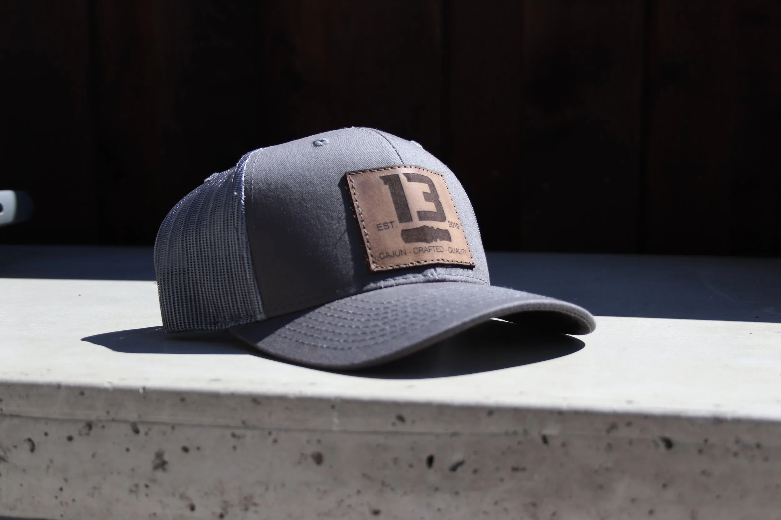13HAT - Leather Patch Trucker Hat (Moss/Grey)