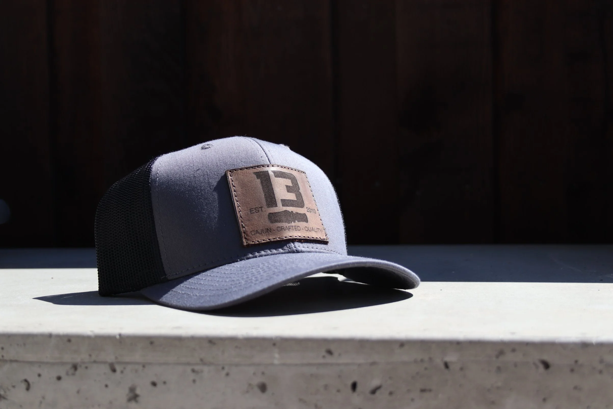 13HAT - Leather Patch Trucker Hat (Grey/Black)