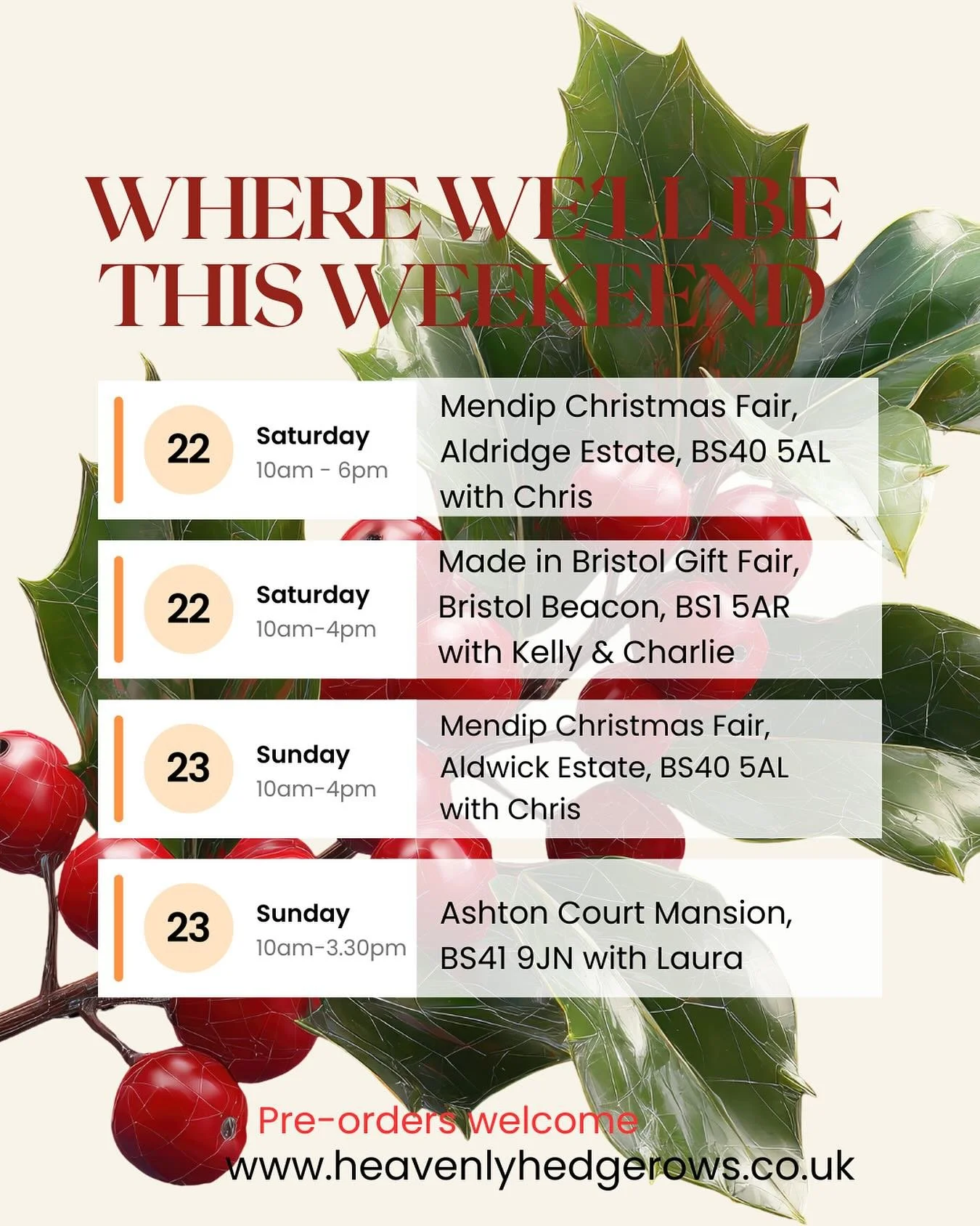 Join us this weekend for some early Christmas shopping. Here&rsquo;s where to find us. Hope to see you there 🎄