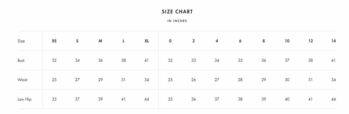 Elliatt Size Chart