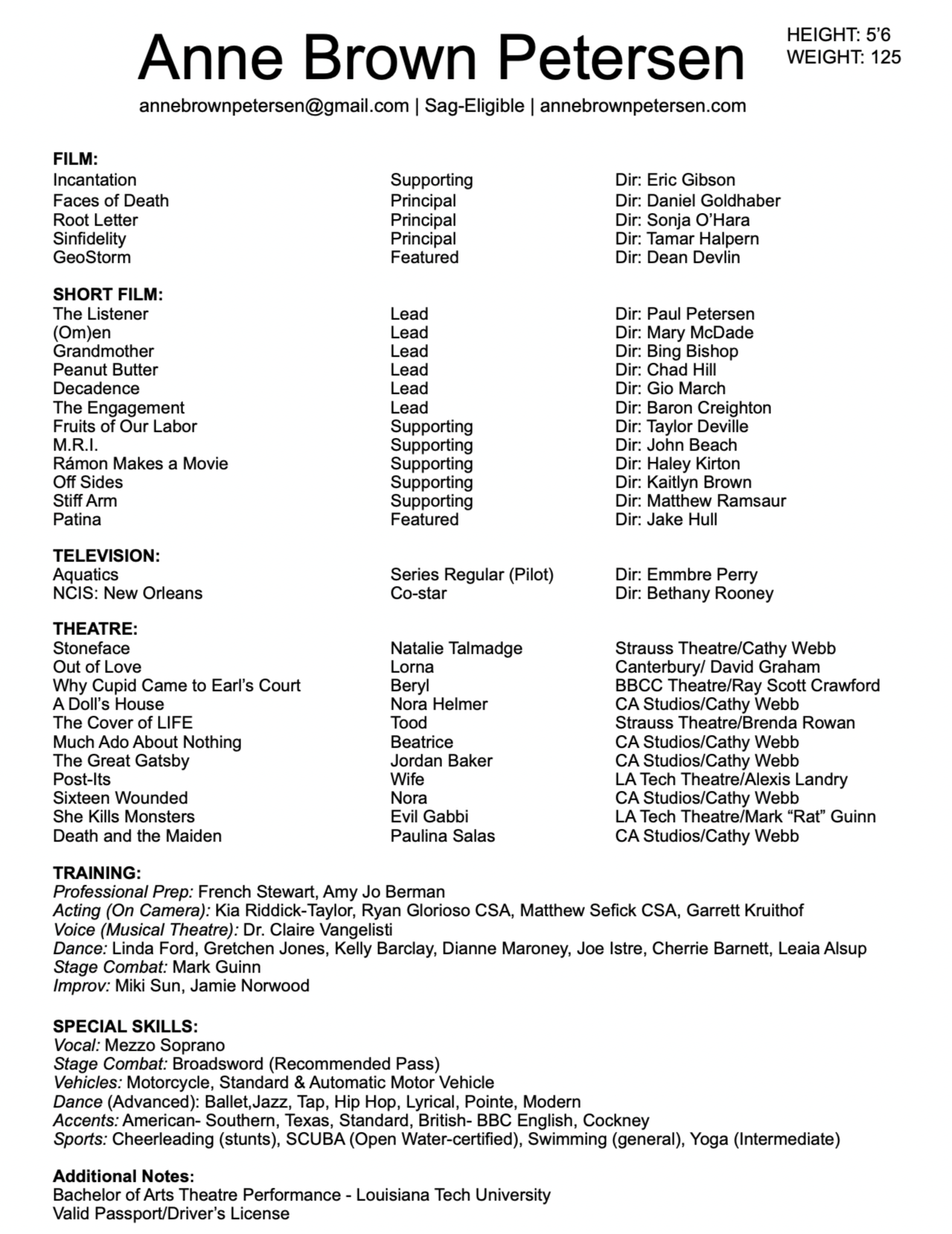 Primary Acting Resume