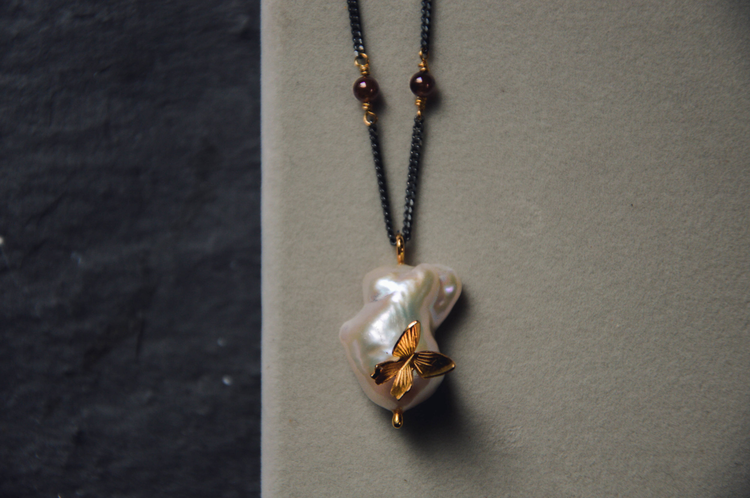 Butterfly on Pearl Raindrop Necklace