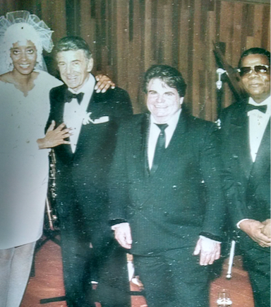 Louie Bellson asked Murphy to be the premier soloist of a group of drummers at his 1992 wedding. Left to Right: Francine Bellson, Louie Bellson, Paul F. Murphy, Eddie Gale.