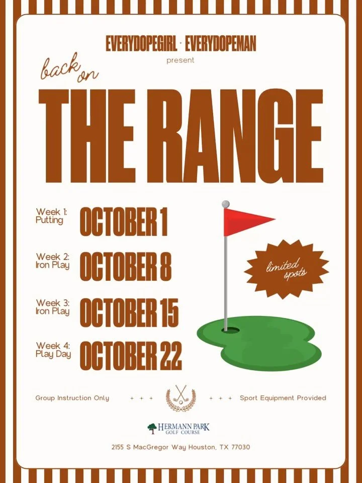 ⛳️ 🏌🏽The Range Vol 5: Coed Golf Lessons for @EveryDopeMan &amp; @EveryDopeGirl ⛳️🏌🏽&zwj;♀️Calling all business men and women, who share a passion for business, community, and learning new skills?

📅 October 1, 8, 15, 22 
⏰ 5:00 PM
🔗 Registratio