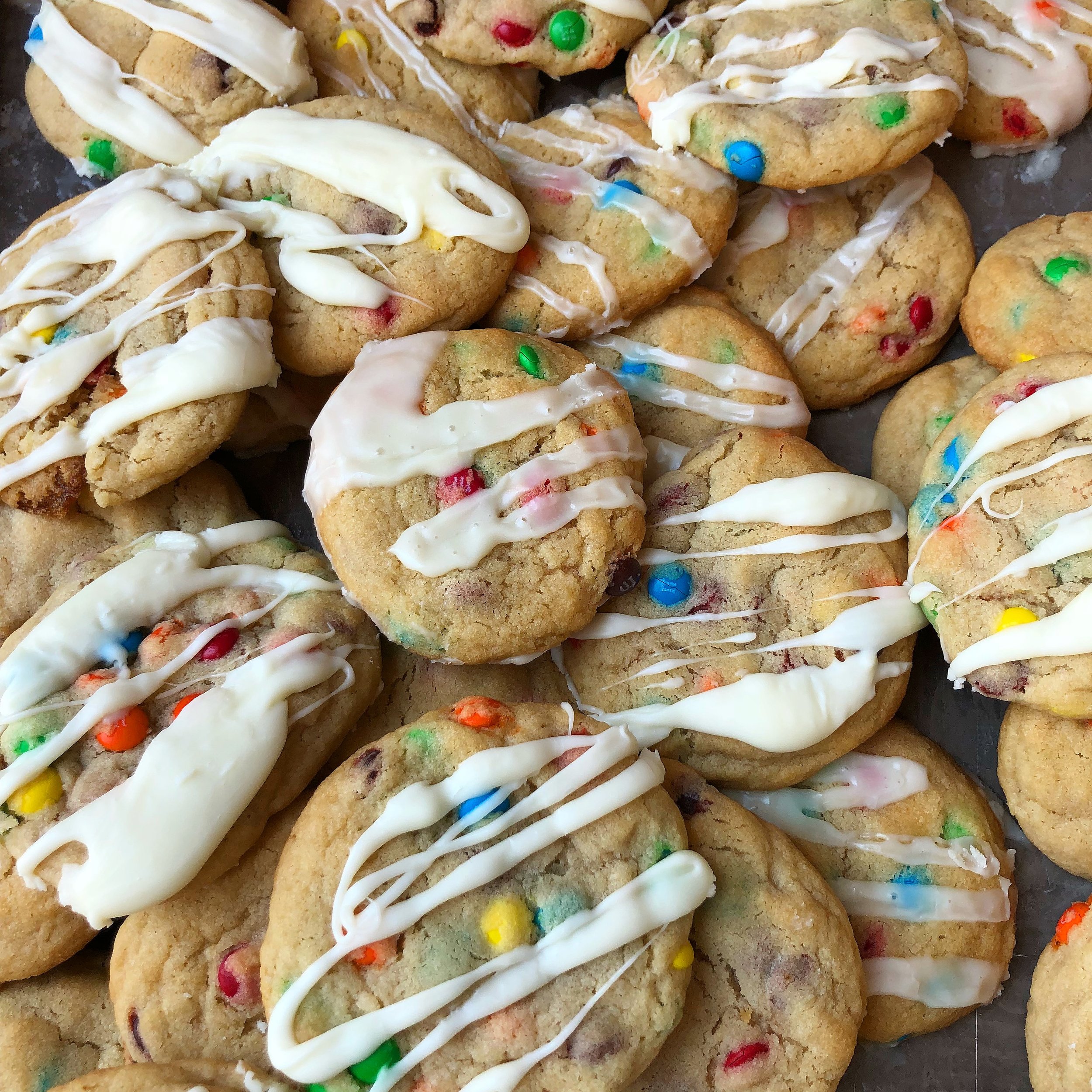 M&M Cookies with White Chocolate Drizzle