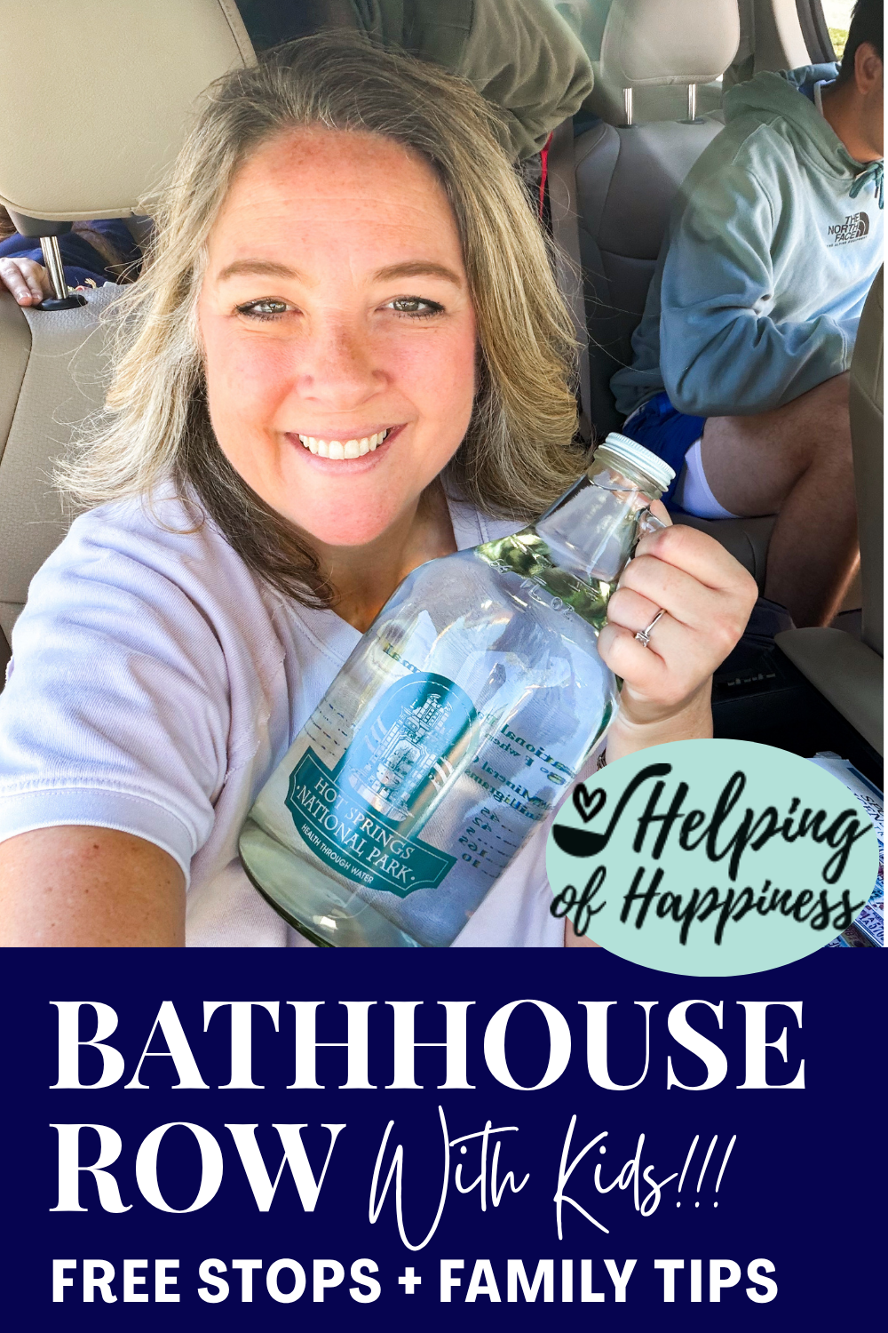 Pinterest graphic of a mom holding a Hot Springs National Park thermal water jug, with text highlighting Bathhouse Row with kids, free stops, and family tips.