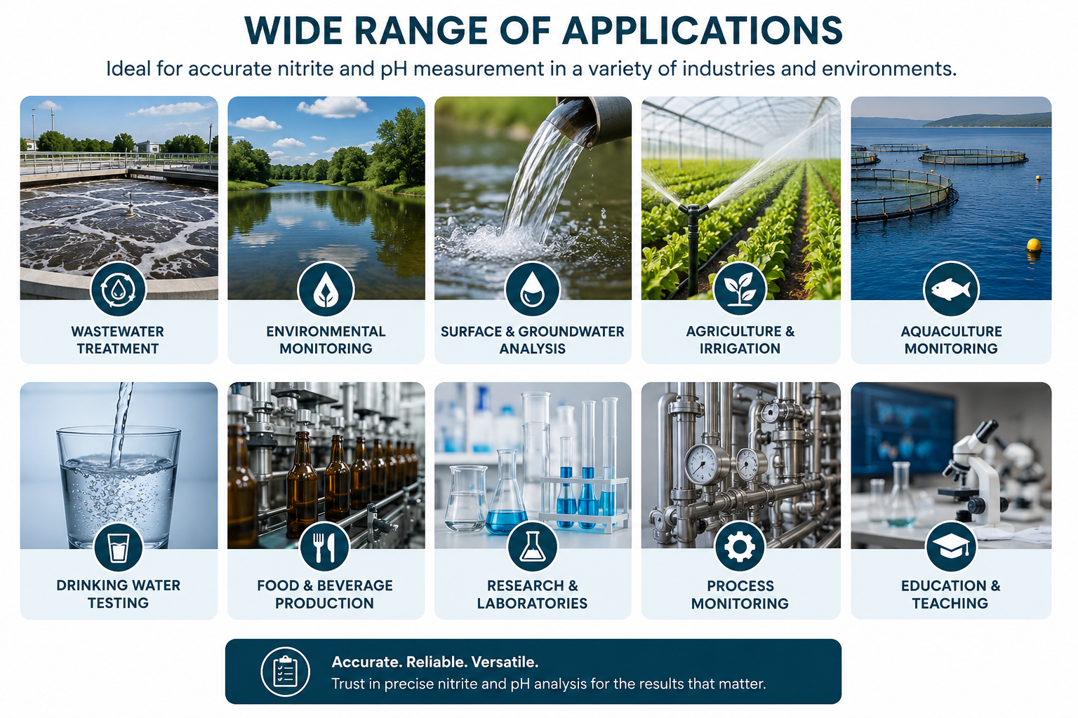Nitrite ion-selective electrode (ISE) and pH meter applications across water quality, environmental, agricultural, industrial, and laboratory testing.