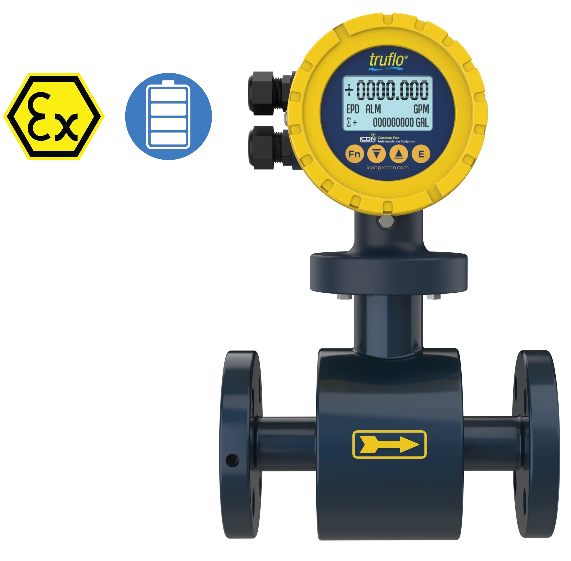 An industrial flow meter with a yellow and blue digital display, black piping, and a yellow arrow indicating flow direction.