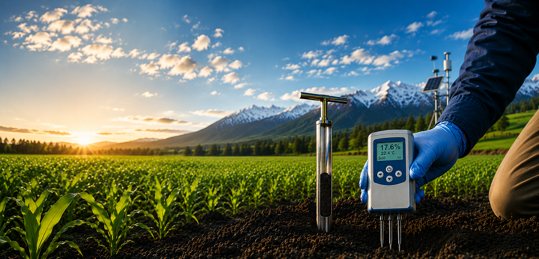 Farmer measuring soil moisture in a green field during sunset with snow-capped mountains and solar panels in the background.