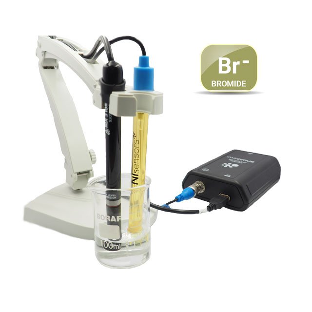 pH sensor and bromide electrode inside a beacker and a computer interface meter