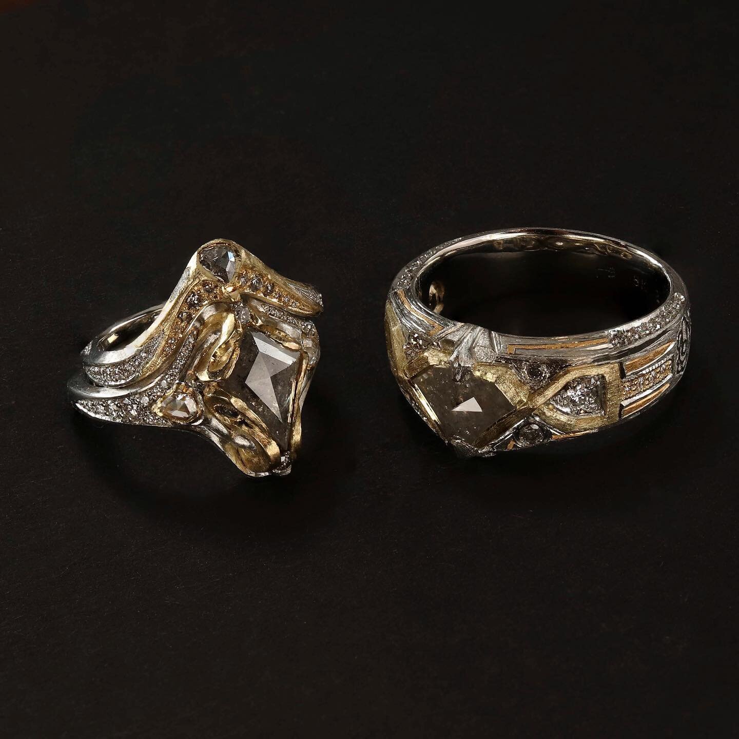 So happy to share these special bi-metal cast rings! These were very special engagement and wedding rings for some dear friends.  They were cast in 18k yellow gold with 18k white gold cast around that. The both feature salt and pepper diamonds along 