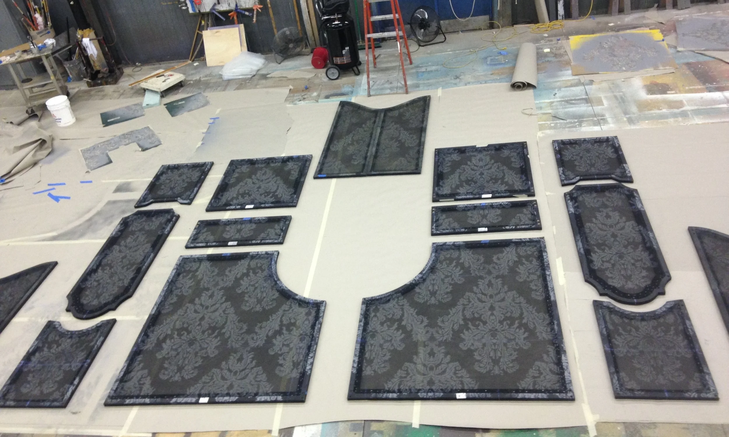 stenciled "wallpaper" on scrim panels