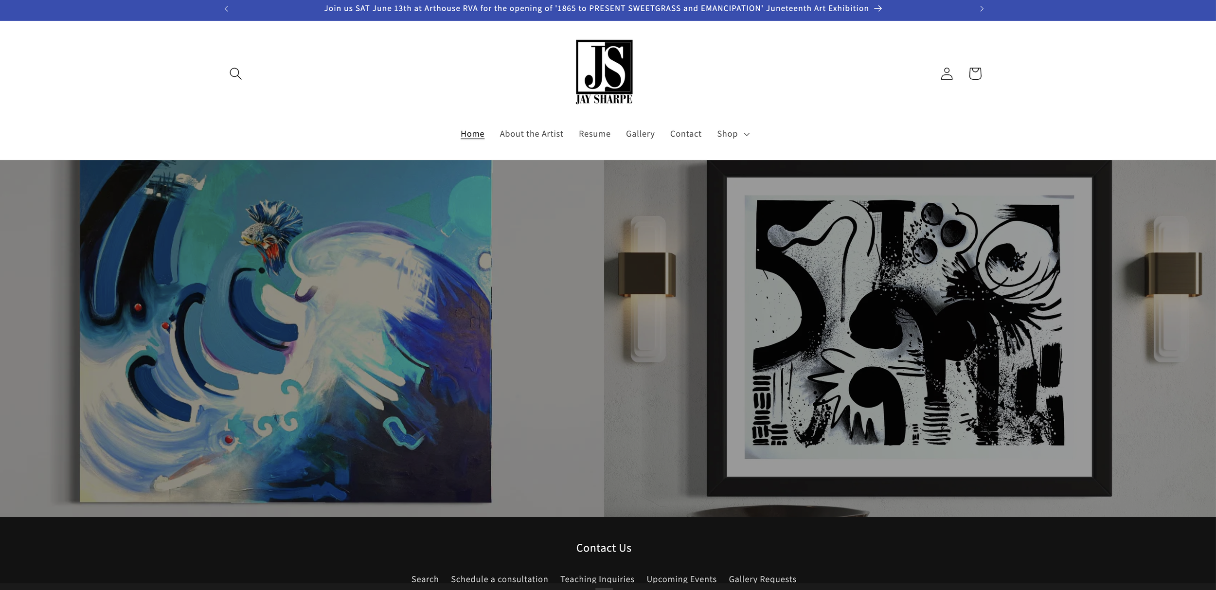 A screenshot of the home page of Artist Jay Sharpe's website showing two of his abstract art pieces and logo