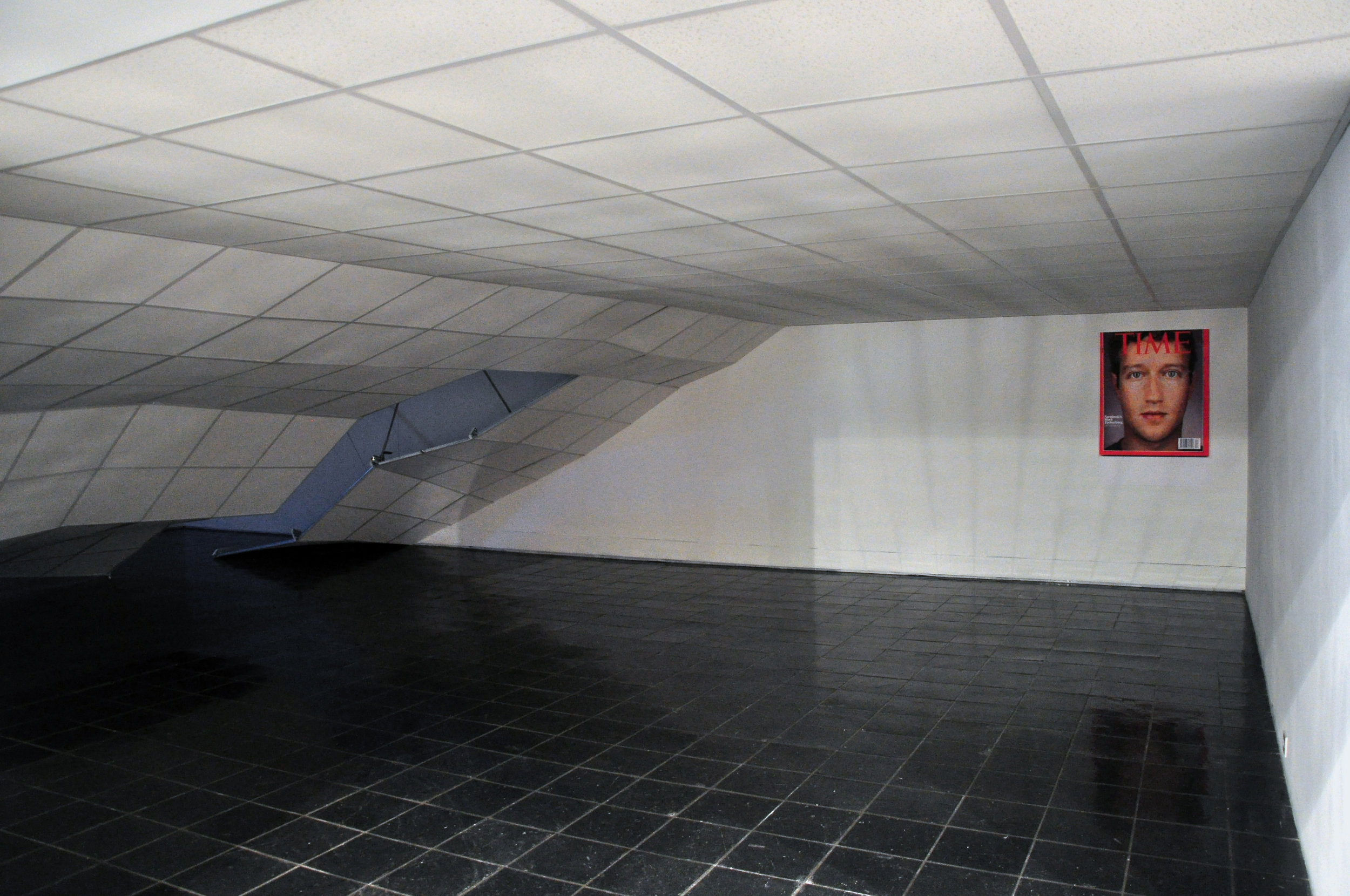  Dennis McNulty,&nbsp; The Crash,  with  FACETIME , 2011, suspended ceiling elements, tiles and ratchet straps; dimensions variable; and poster, 33 x 40 inches. Courtesy of the artist and Green On Red Gallery, Dublin; commissioned by Bureau for Open 