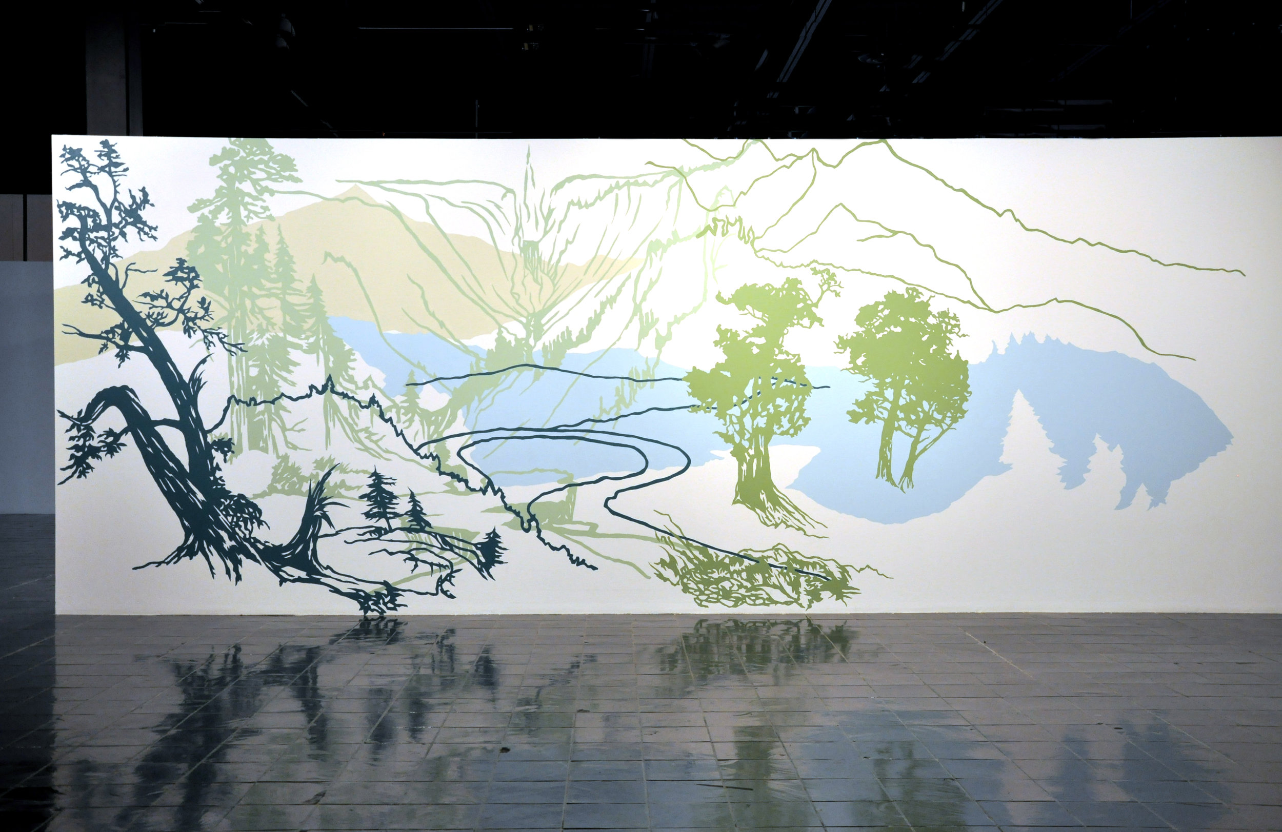  Elizabeth Gerdeman,  Grandeur: From Cole, Church, Bierstadt and Moran , 2010, latex paint, site-based mural, 27 x 11 feet. Courtesy of the artist. 