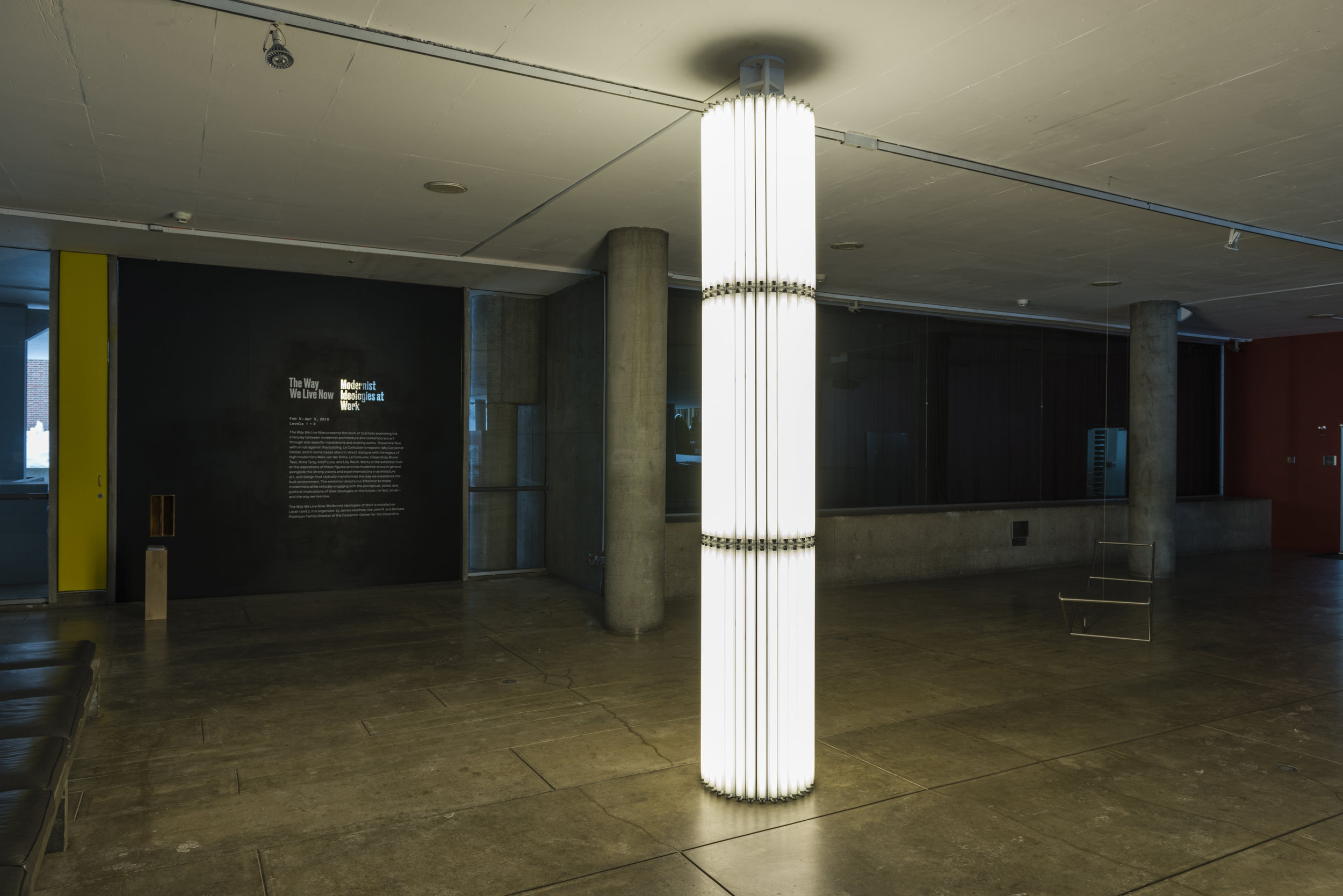  Cerith Wyn Evans,&nbsp; Untitled (Column), 16 , 2009, wood, fluorescent tubes, and lamp fixtures, 138 × ø 22 inches. Courtesy White Cube and Carpenter Center for the Visual Arts. 