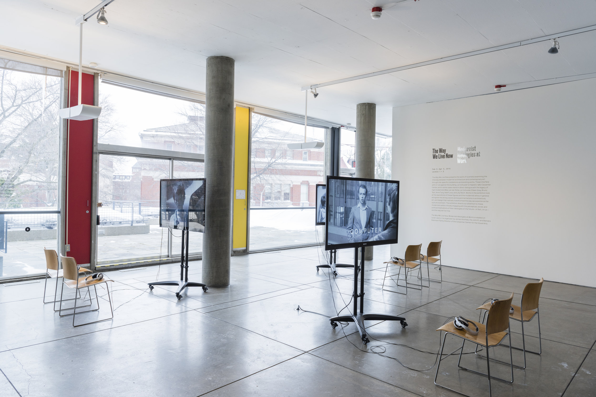  Gerard Byrne,&nbsp; Subject , 2009, installation view, three-channel video shown on monitors and vinyl wall text. 27 × 32 feet. Commissioned by the Henry Moore Institute, Leeds, England. Courtesy the artist and Green on Red Gallery, Dublin. 