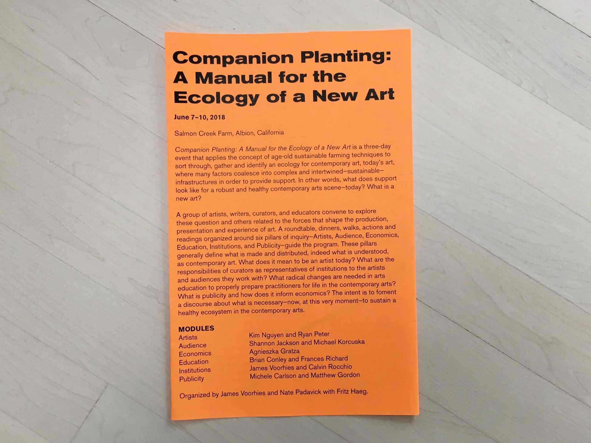   Companion Planting: A Manual for the Ecology of a New Art . Program Agenda. Salmon Creek Farm, June 7–10, 2018. 