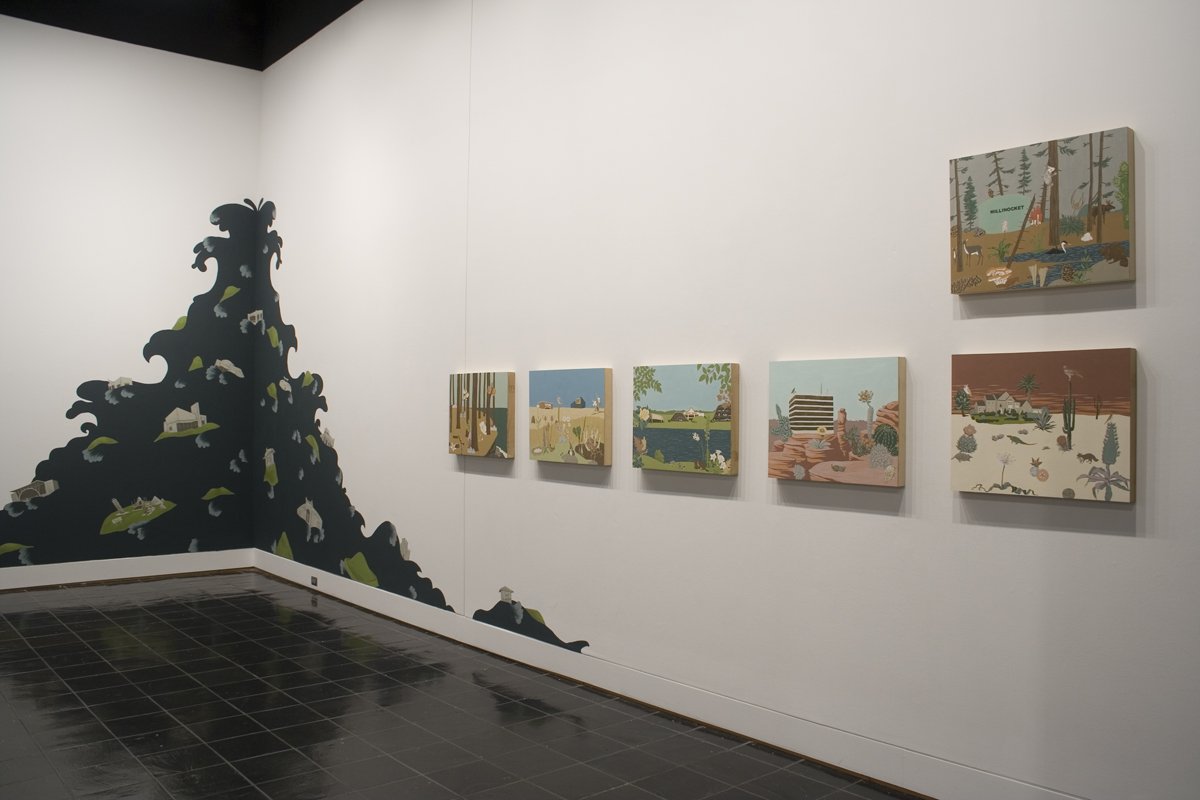  Amy Chan,  New Ecosystems , 2006, with  Ohio Flood , 2007, acrylic on wall site-specific installation dimensions variable; courtesy of the artist. 