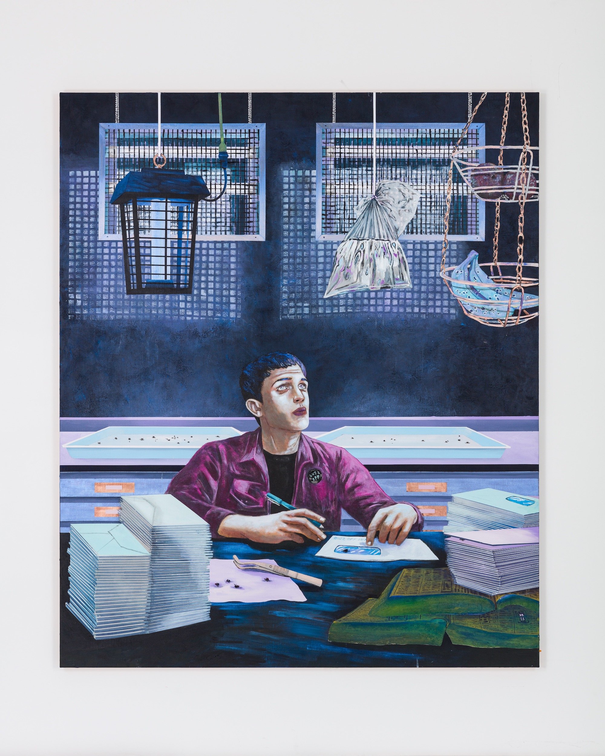   Conceptual artist #13 (founder and sole member of the BUZZ OFF INITIATIVE, he spends his nights mailing everyone in his zip code a single dead fly) , 2022, Acrylic on linen, 6 × 5 ft. Courtesy of Lu Cai. Photo: Silvia Ros. 