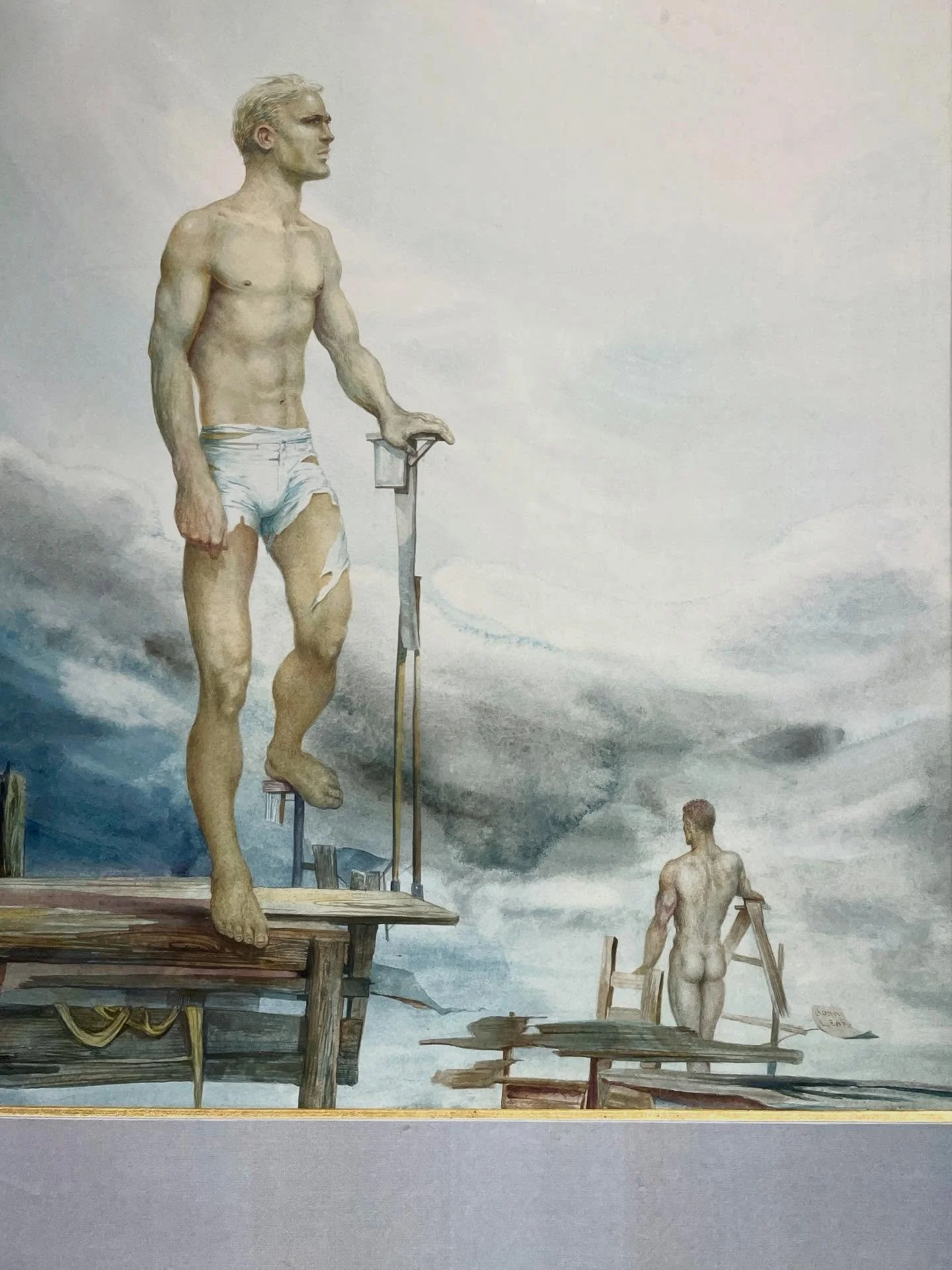 Beautiful, sensual watercolor, colored pencil, and graphite drawings by John Brock Lear (1910&ndash;2008), studies of male figures alone and together, at rest and exercising&mdash;contemplative scenes fused with a kind quiet sense of optimism. So ver