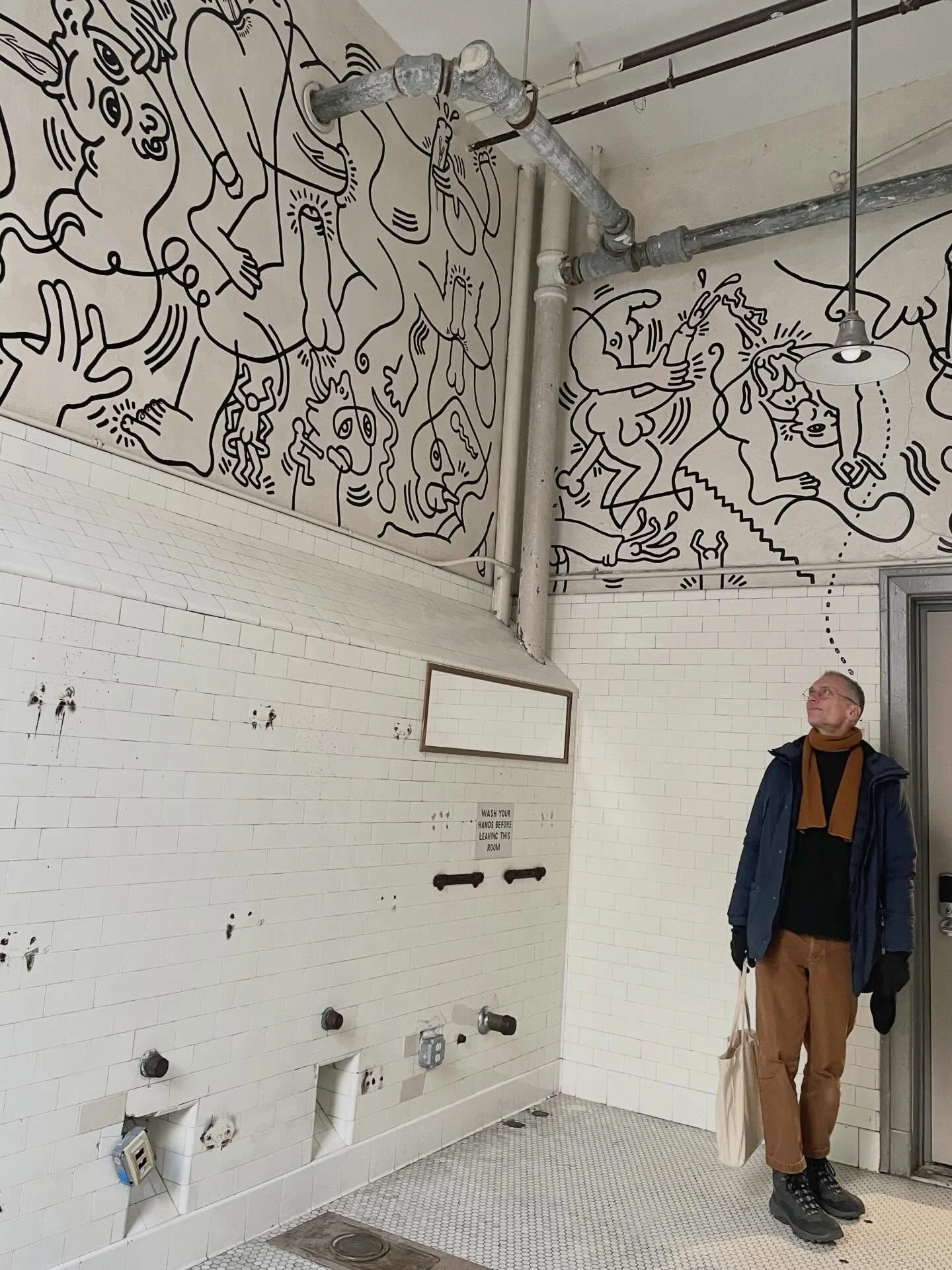 A quick day trip to New York yesterday, and an unexpected walk down 13th Street requires a stop to see the Keith Haring bathroom &ldquo;Once Upon a Time&rdquo; (1989) at The Center. @lgbtcenternyc