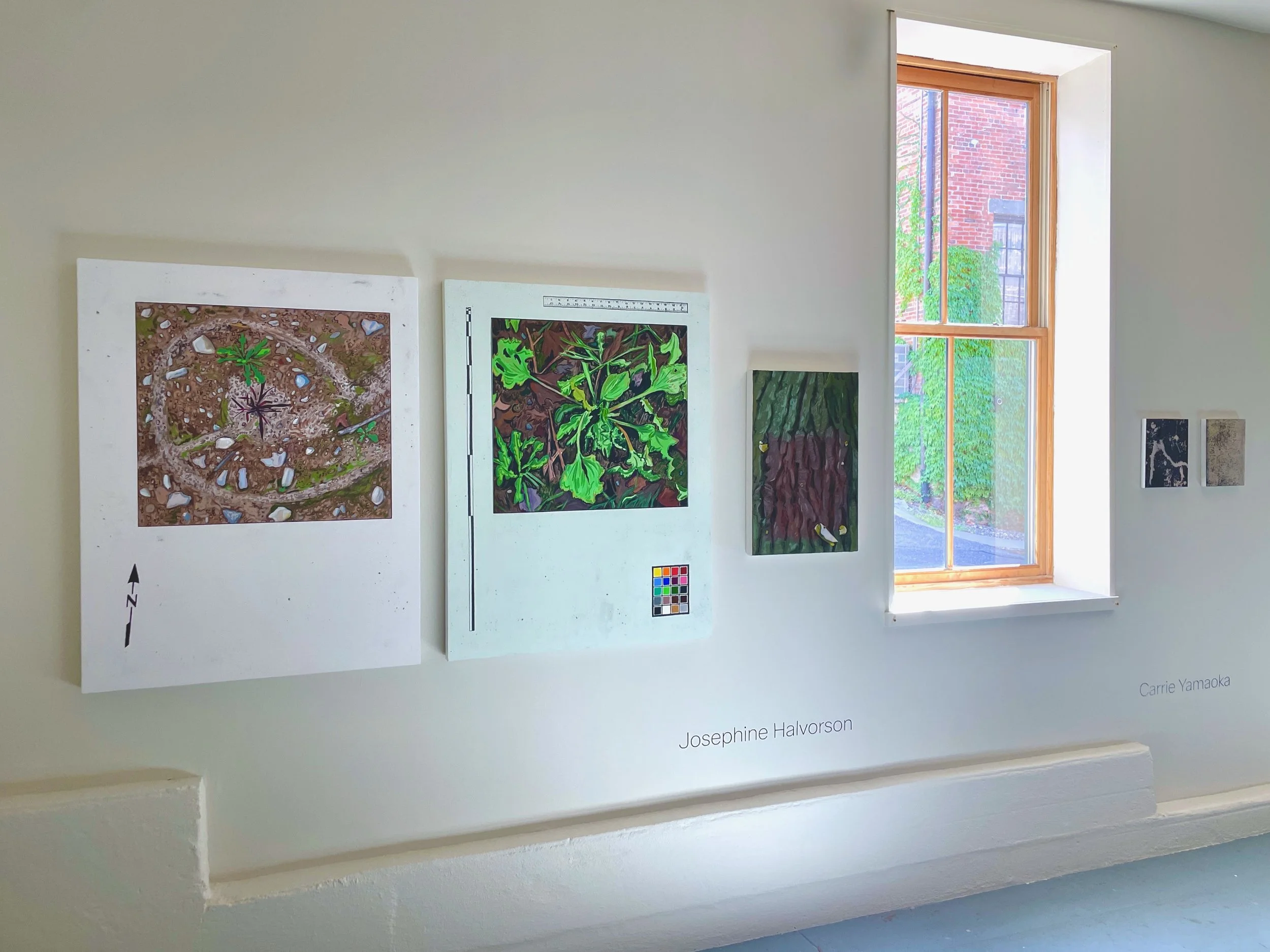  Josephine Halvorson,  Ground Register: Spiral / North , 2019. Gouache and site material on panel, 42 × 32 in.;  Ground Register: First Frost , 2018. Gouache, screen print, and site material on panels, 42 × 32 in.;  Ghost , 2017. Oil on linen, 23 × 1