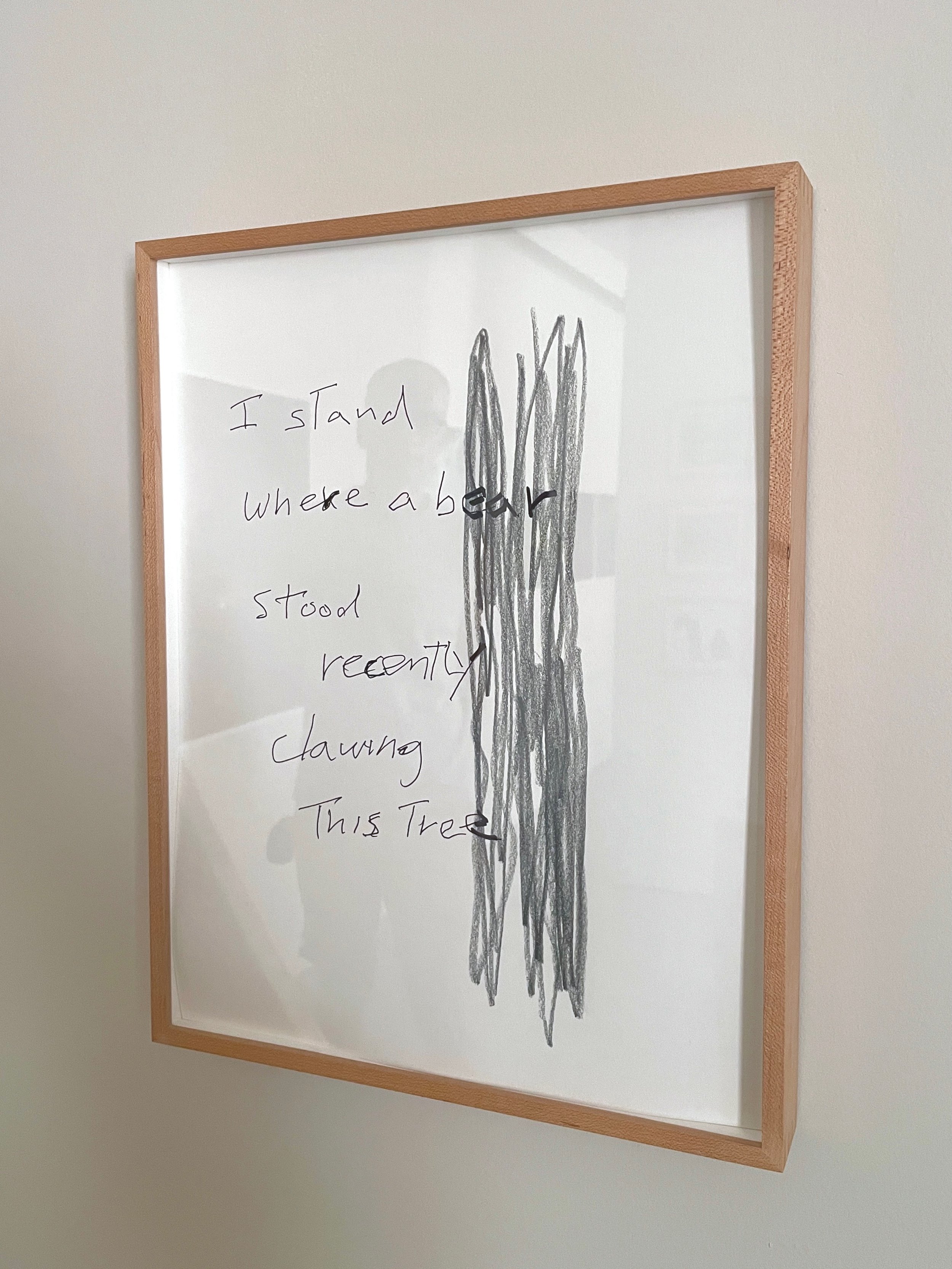  Simone Forti,  Tree Drawing: I Stand Where a Bear Stood Recently, Clawing This Tree , 2010. Pen, pencil, marker on paper, 14 1/2 × 11 1/2 × 1 3/4 in. 