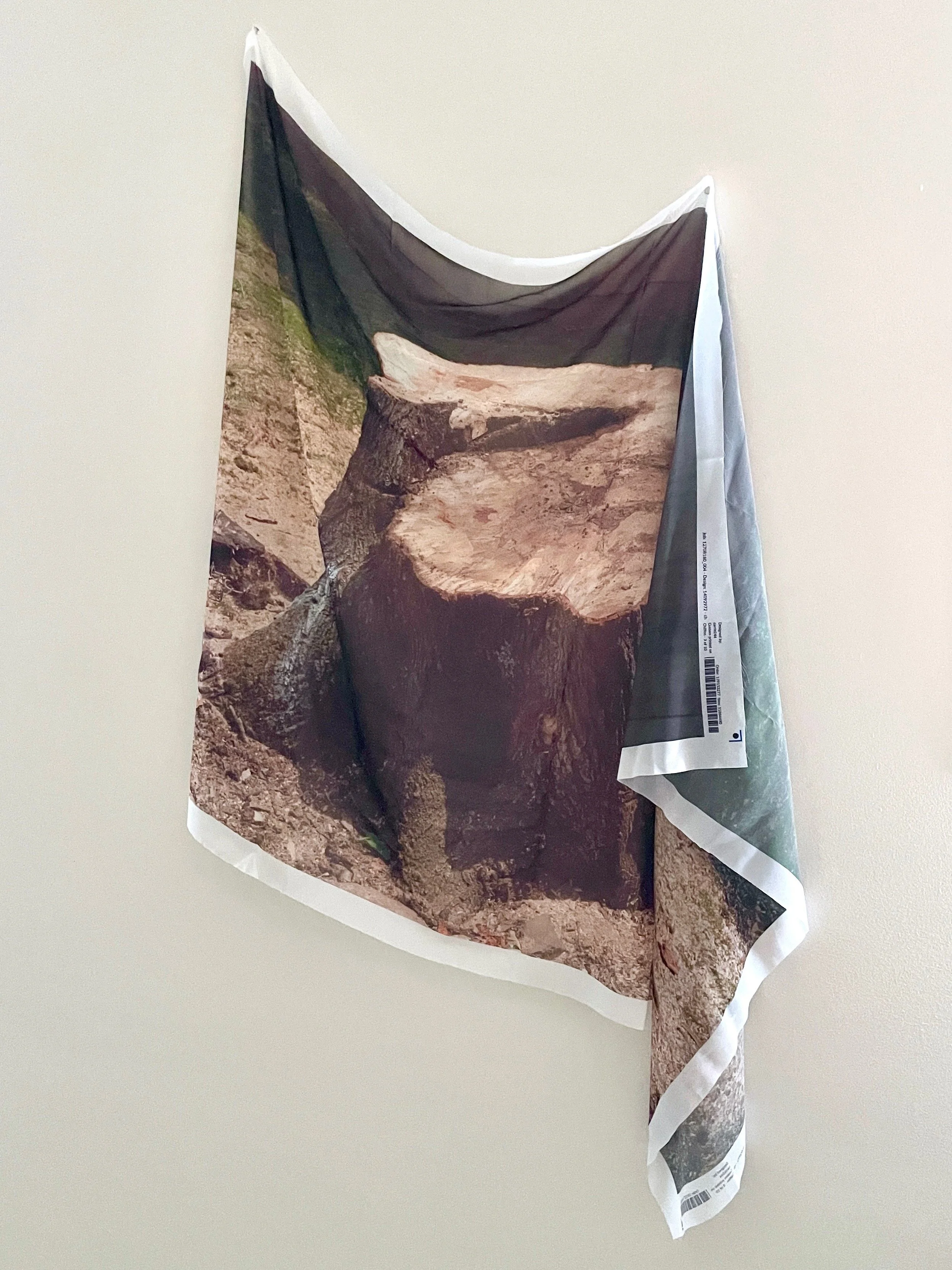  Carrie Yamaoka,  Stump , 2023. Digital print on synthetic chiffon, 54 × 36 in., Edition 1 of 7 + 2 AP 