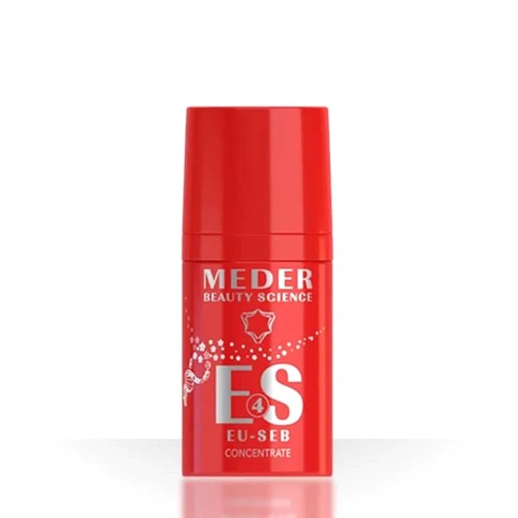 Red bottle of Meder Beauty Science Eu‑Seb Acne Treatment Concentrate on white background