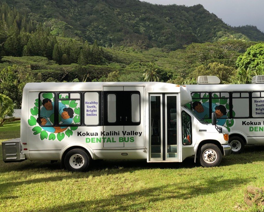 KKV Dental Van, two dental vans parked at Hoʻoulu ʻĀina, Kalihi