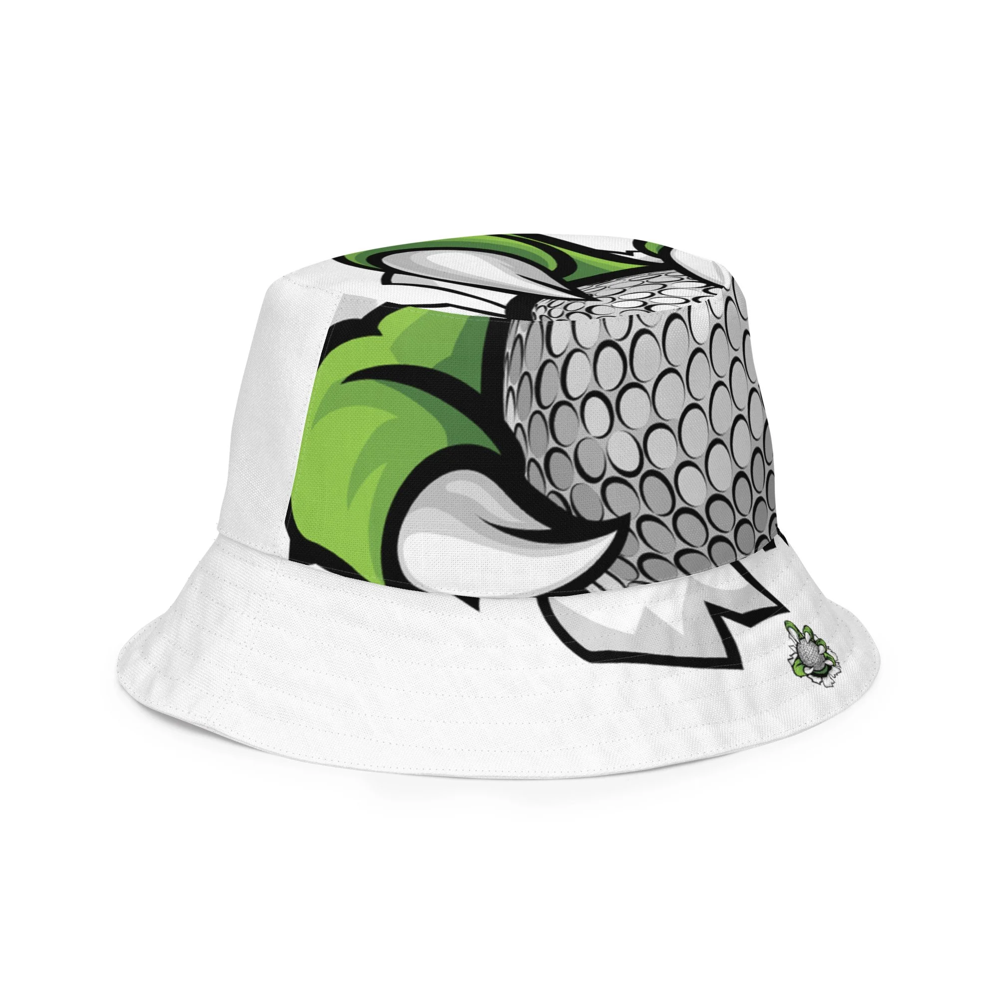 outside side view Bucket hat featuring a bold graphic on one side and a minimalistic design on the opposite panel